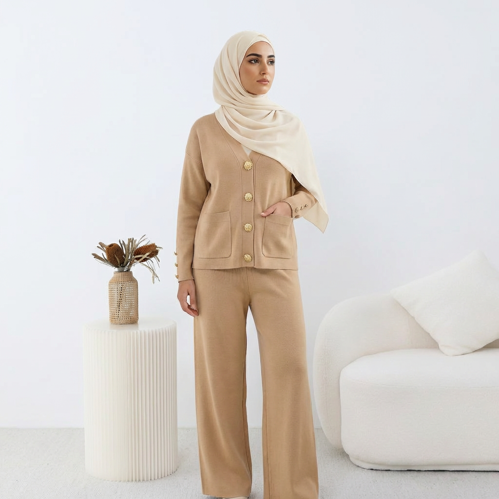 Ensemble HÉRITAGE | Cardigan Maille à Boutons Dorés & Pantalon Large