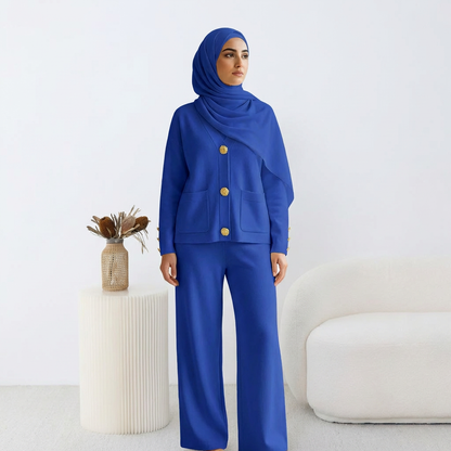 Ensemble HÉRITAGE | Cardigan Maille à Boutons Dorés & Pantalon Large