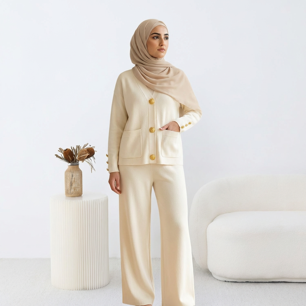 Ensemble HÉRITAGE | Cardigan Maille à Boutons Dorés & Pantalon Large