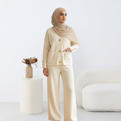 Ensemble HÉRITAGE | Cardigan Maille à Boutons Dorés & Pantalon Large