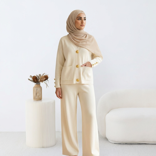 Ensemble HÉRITAGE | Cardigan Maille à Boutons Dorés & Pantalon Large