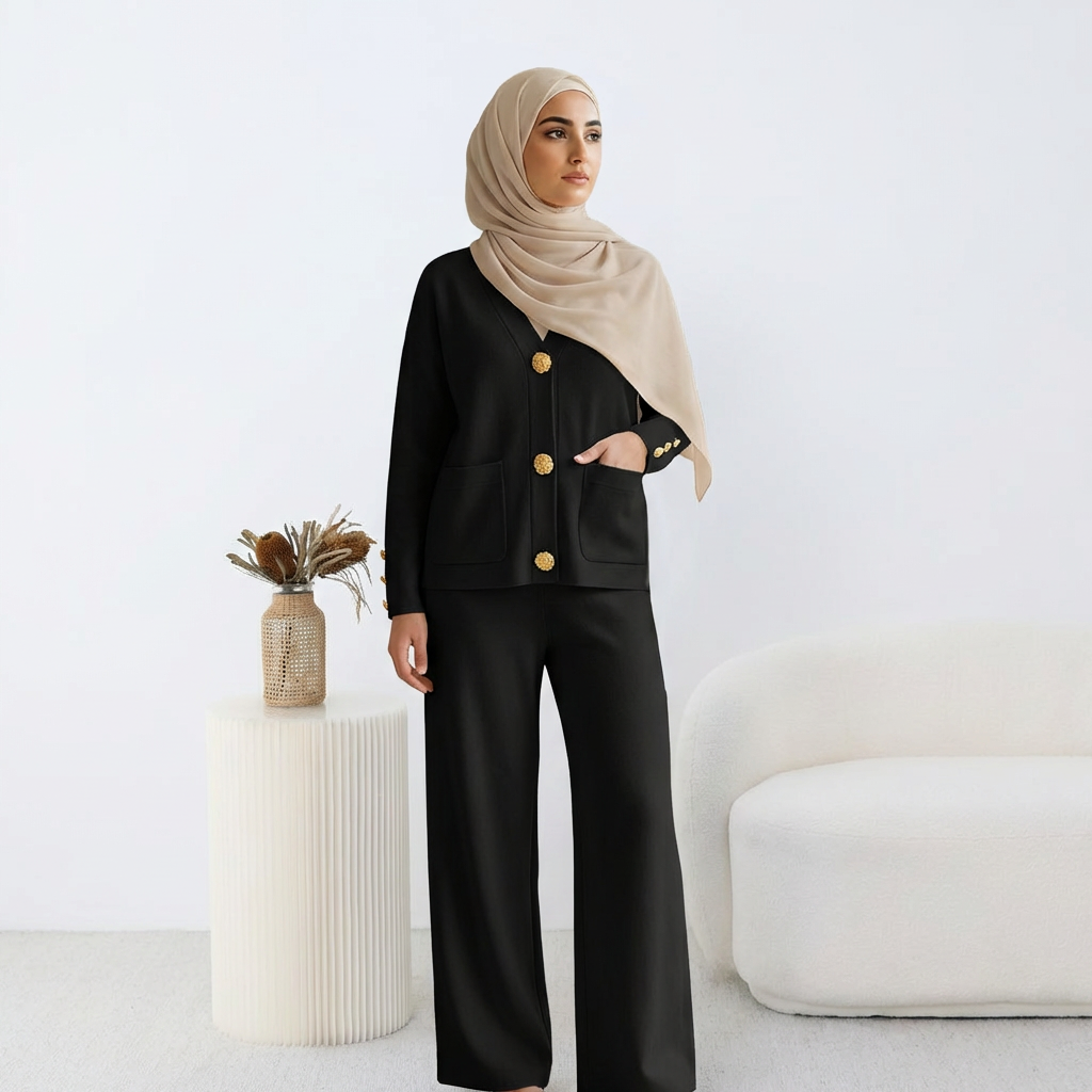 Ensemble HÉRITAGE | Cardigan Maille à Boutons Dorés & Pantalon Large