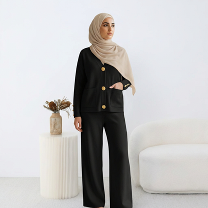 Ensemble HÉRITAGE | Cardigan Maille à Boutons Dorés & Pantalon Large