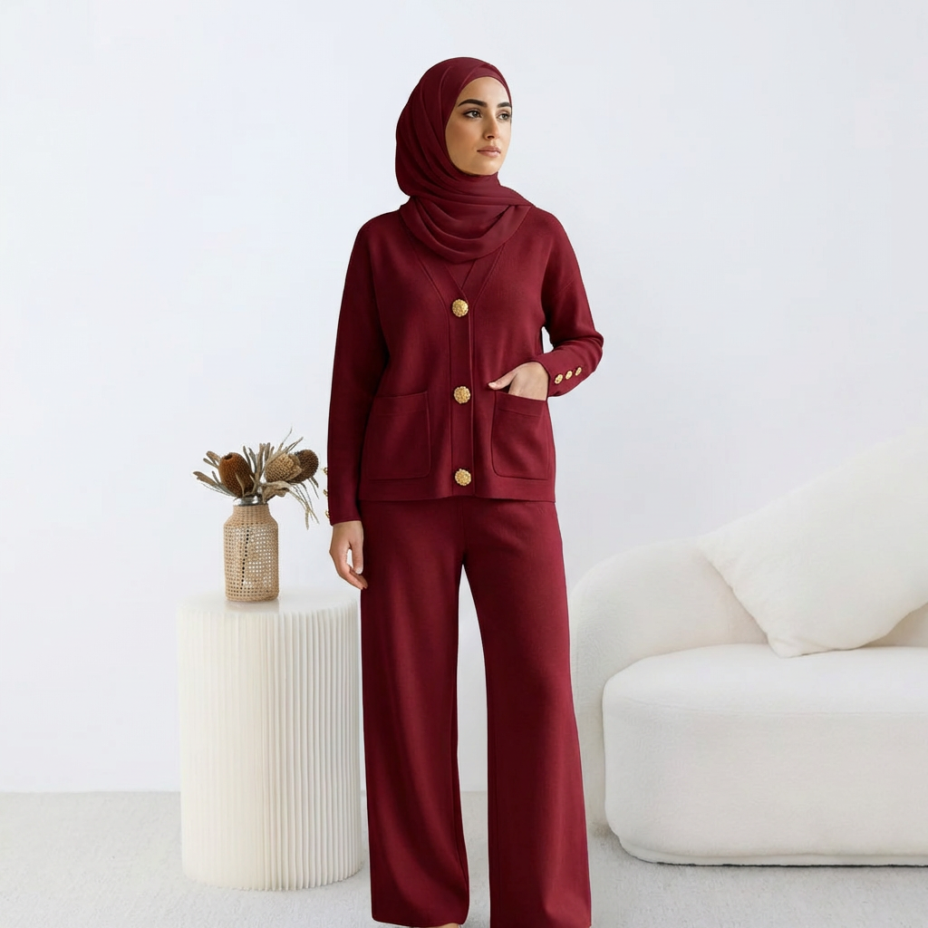 Ensemble HÉRITAGE | Cardigan Maille à Boutons Dorés & Pantalon Large