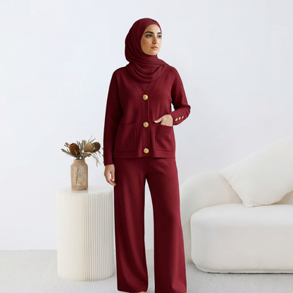 Ensemble HÉRITAGE | Cardigan Maille à Boutons Dorés & Pantalon Large