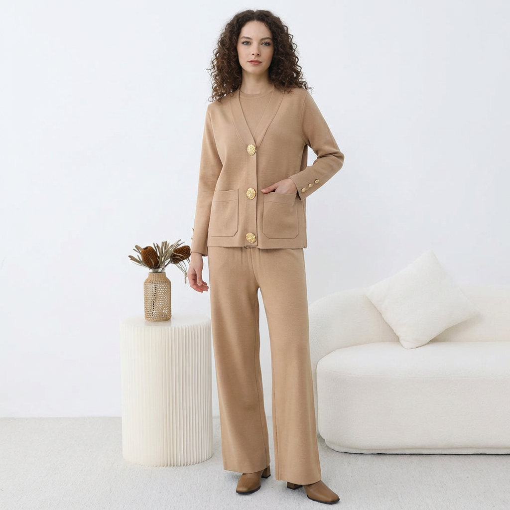 Ensemble HÉRITAGE | Cardigan Maille à Boutons Dorés & Pantalon Large