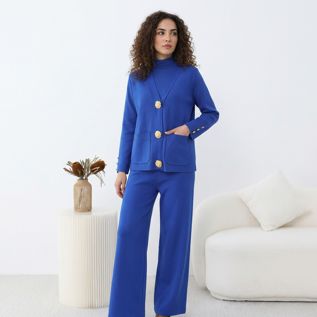 Ensemble HÉRITAGE | Cardigan Maille à Boutons Dorés & Pantalon Large