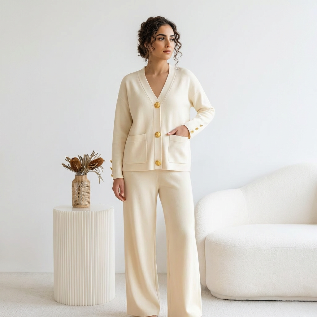 Ensemble HÉRITAGE | Cardigan Maille à Boutons Dorés & Pantalon Large