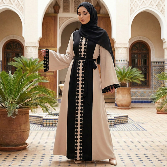 Abaya SYRA | Édition Artisanale Bicolore Beige & Noir à Pompons | OnFleek